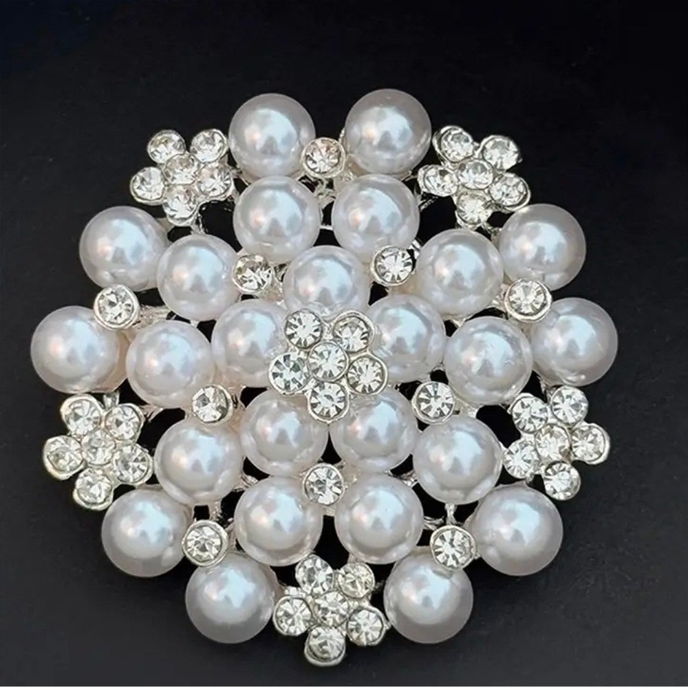 Silver Faux Pearl Rhinestone Flower Brooch Pin Bridal Wedding‎ Jewelry 1.93in